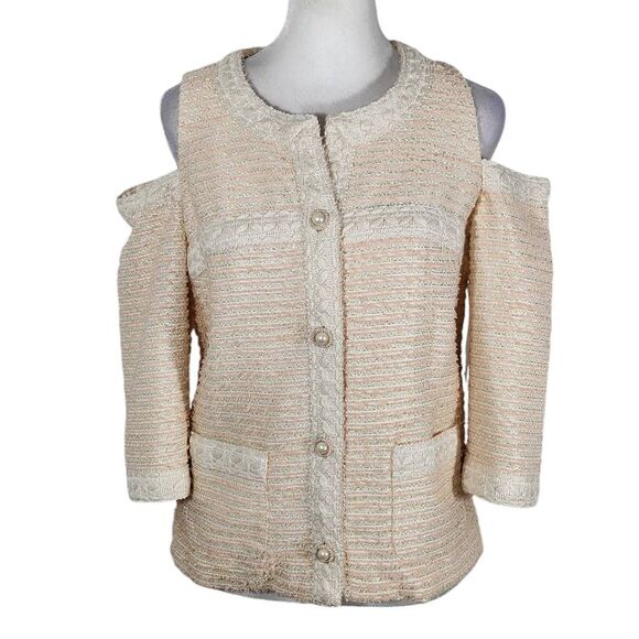 Boston Proper Pink and Cream Tweed Blazer with Shoulder Cutouts Size 4 NWOT - Picture 1 of 13